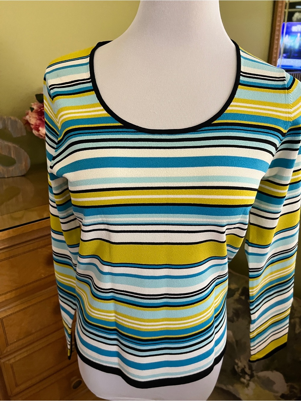 Jones New York Striped Scoop Neck Long Sleeve Top - Blue, Yellow, White, Black